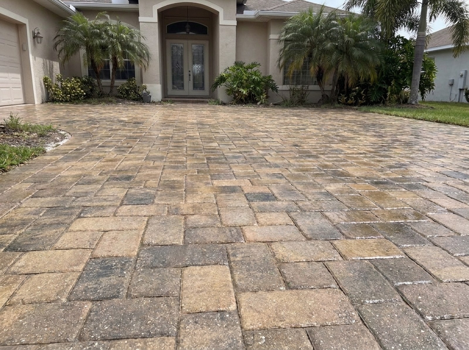 Same paver driveway after Protect & Seal cleaning and wet-look sealing